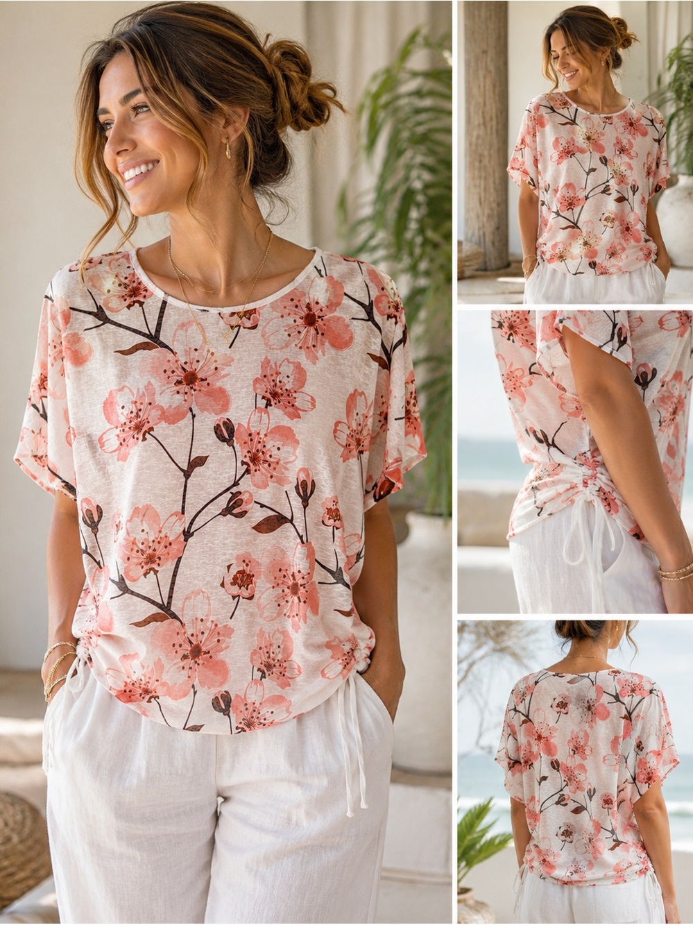 Papillon Cherry Blossom Open-Side Ruched Blouse | Romantic Coastal Floral Top